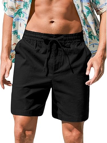 RQP Mens Cotton Linen Shorts Casual Drawstring 7inch Inseam Shorts Stretch Summer Beach Wear