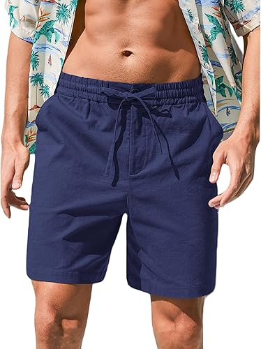 RQP Mens Cotton Linen Shorts Casual Drawstring 7inch Inseam Shorts Stretch Summer Beach Wear