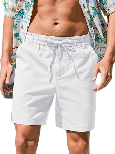 RQP Mens Cotton Linen Shorts Casual Drawstring 7inch Inseam Shorts Stretch Summer Beach Wear